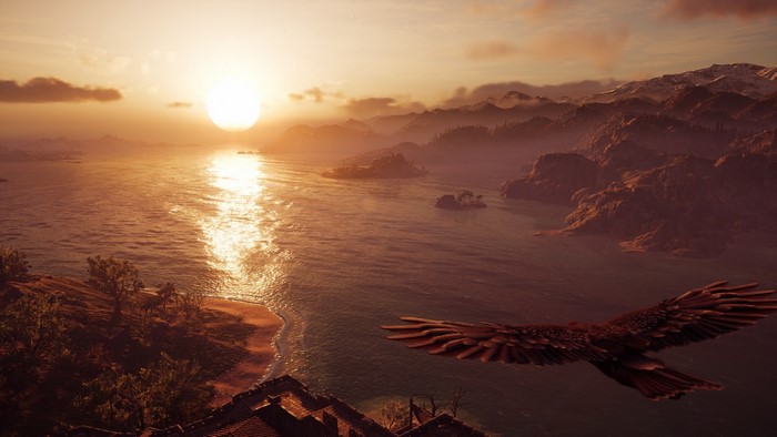 Assassin's Creed Odyssey: Eagle flying over Greek islands at sunset