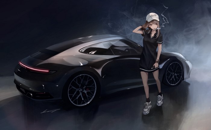 Anime girl smoking next to a Porsche 911