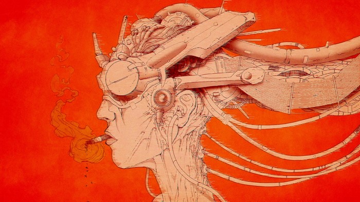 Cyberpunk woman with mechanical implants smoking