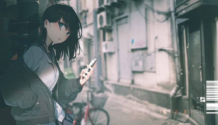 Anime girl with black hair and blue eyes holding a smartphone