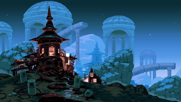 Pixel art landscape with ancient ruins and a dark tower
