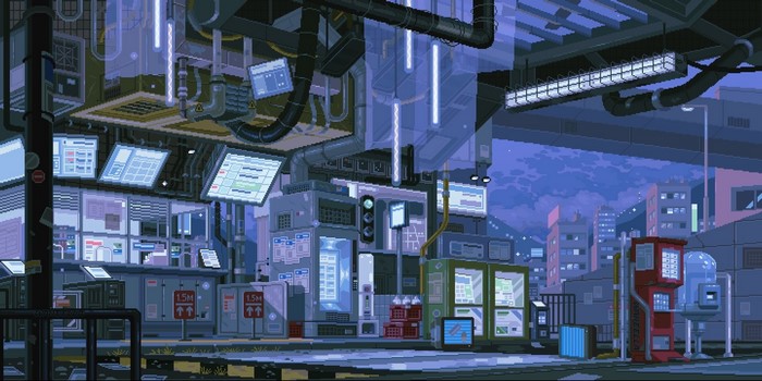 Pixel art city with futuristic control center