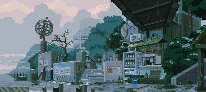 Pixel art city with armillary sphere and vending machines