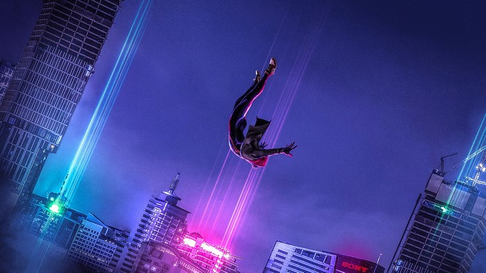 Miles Morales falling through a neon city
