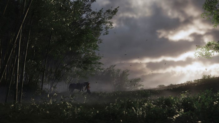 Ghost of Tsushima samurai with horse in bamboo forest