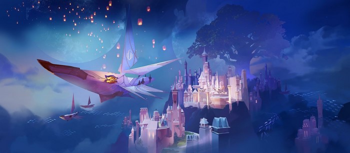 Fantasy sky city with airships and lanterns