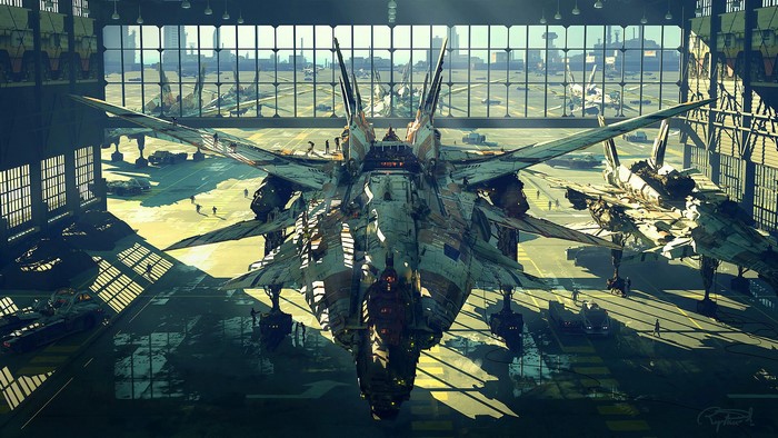 Mecha hangar with futuristic aircraft and distant city