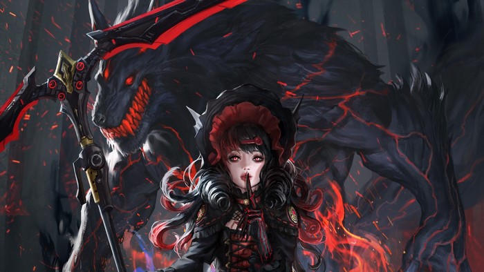 Girl with scythe and werewolf with red eyes