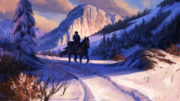Person riding a horse through a snowy mountain landscape