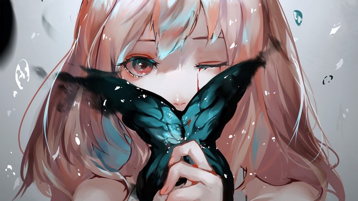 Anime girl with butterfly covering her mouth