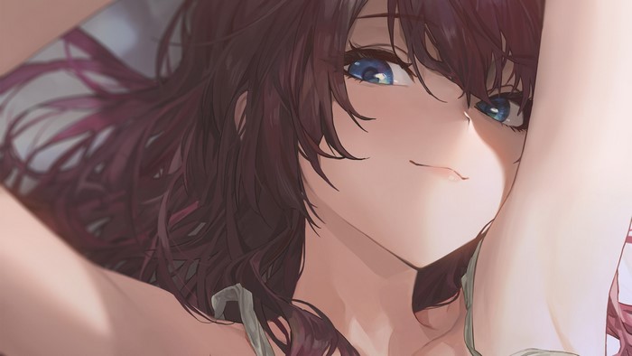 Anime girl with blue eyes lying down