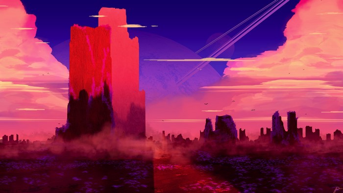 Sci-fi landscape with red rock formations and alien planet
