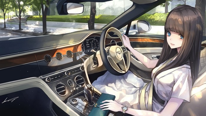 Anime girl driving a Bentley car