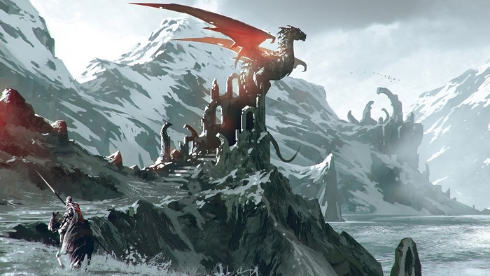 Dragon on a ruined castle in snowy mountains
