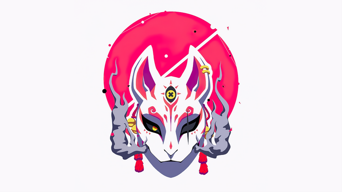 Digital art of a fox mask with smoke and a red circle