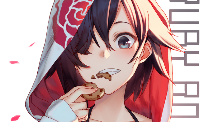 Anime girl with rose-patterned hood eating cookie