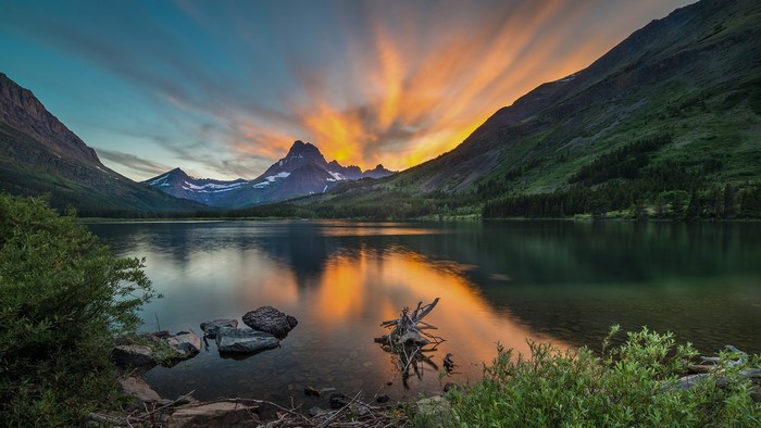 Sunset over Swiftcurrent Lake in Glacier National Park