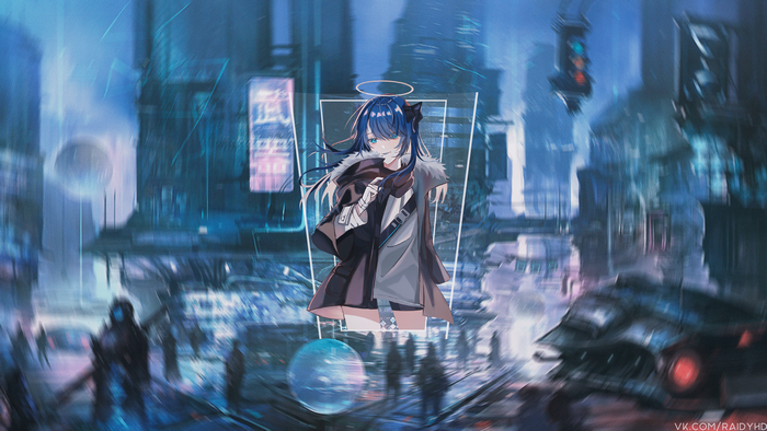 Mostima from Arknights in a cyberpunk city