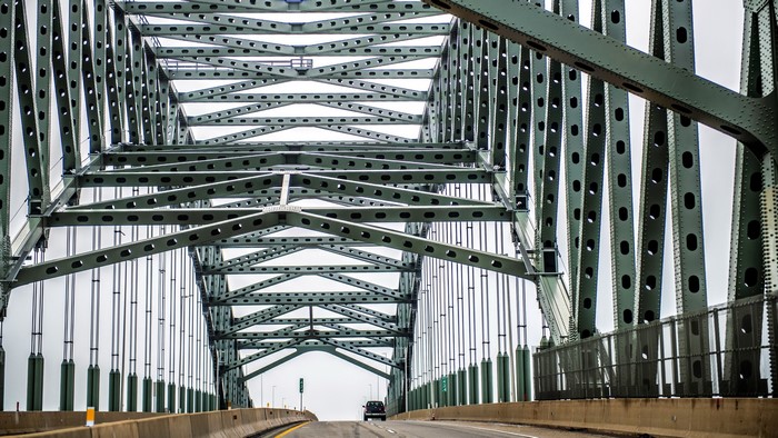 Green metal truss bridge over a road