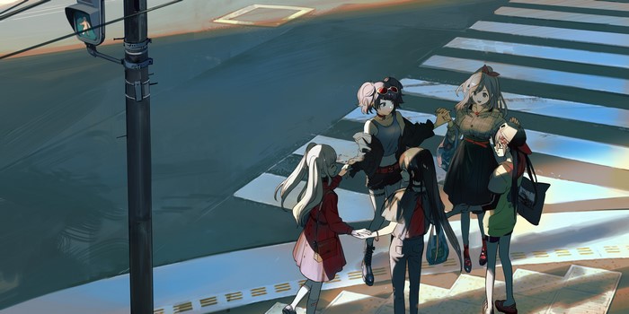 Anime girls at a city crosswalk