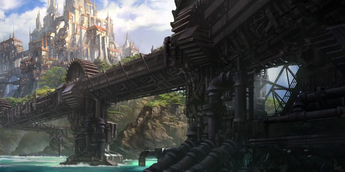 Steampunk city with industrial bridge over river