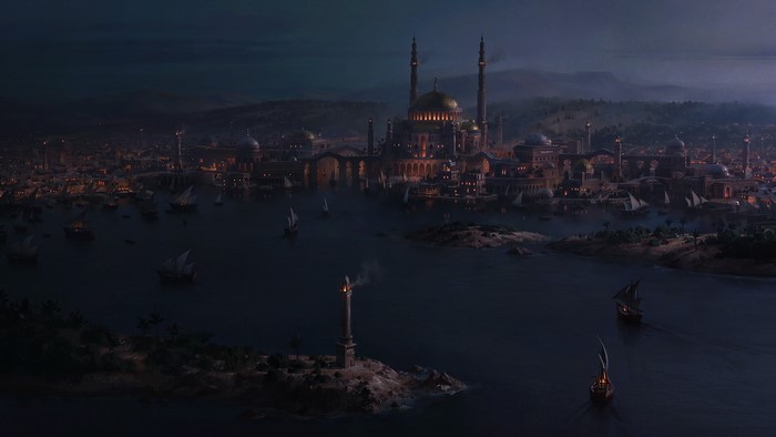 Cityscape with boats and lighthouse at night
