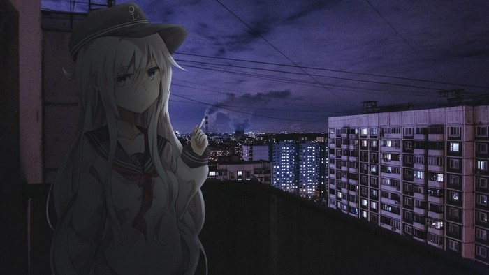 Hibiki from Kantai Collection on a balcony at night