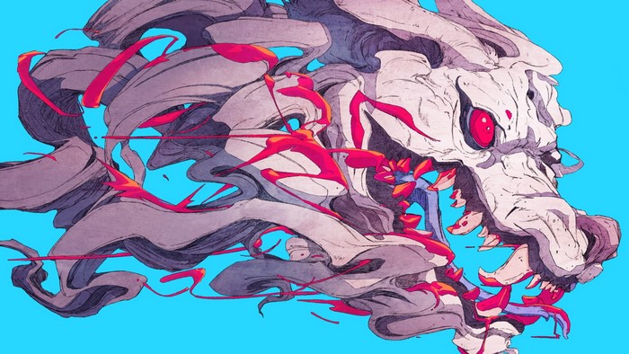 Abstract creature with red and purple elements on blue background