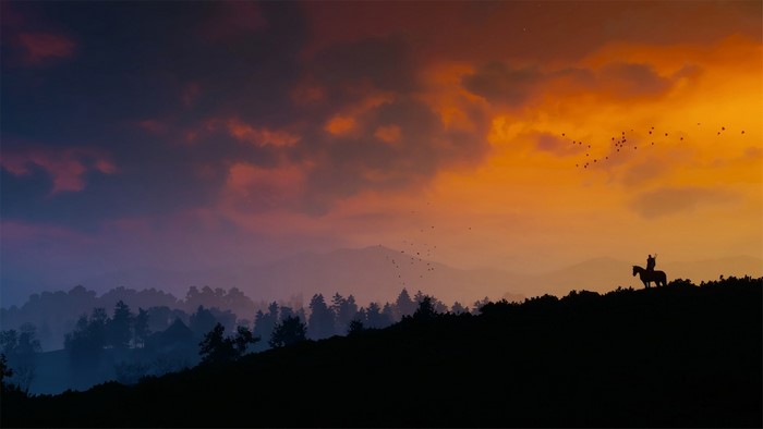 Geralt of Rivia from The Witcher 3 on horseback at sunset