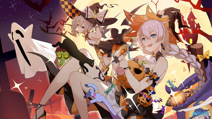 Kiana Kaslana and Bronya Zaychik from Honkai Impact 3rd in Halloween costumes