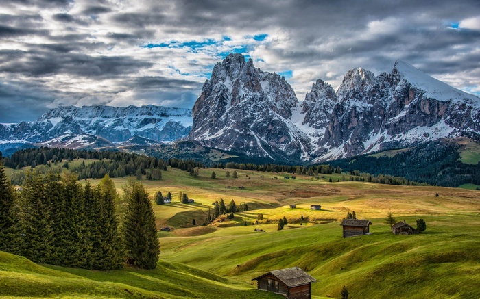 Mountain landscape with chalets and snowy peaks