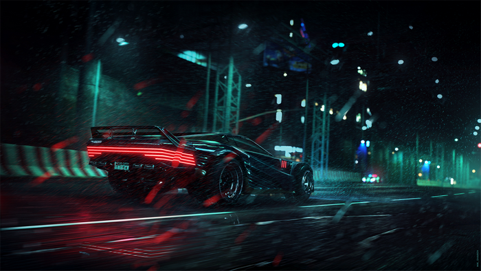 Cyberpunk 2077 car racing at night in the rain