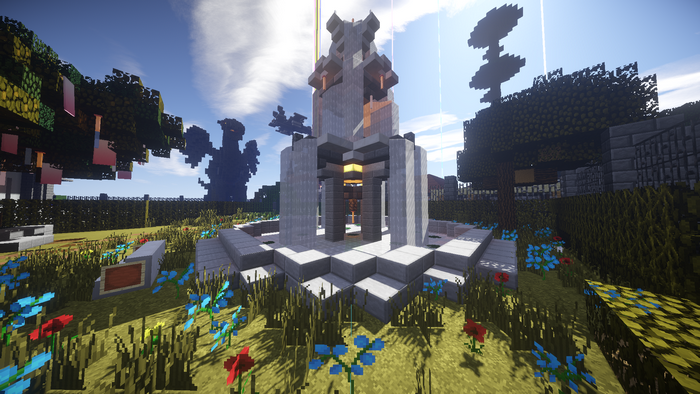 Minecraft RPG fountain with trees and flowers