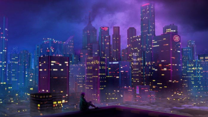 Person sitting on a rooftop overlooking a neon city at night