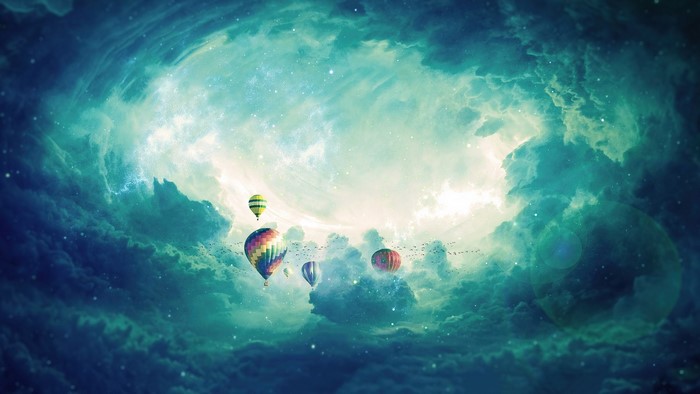 Hot air balloons flying through a cloudy, starry sky