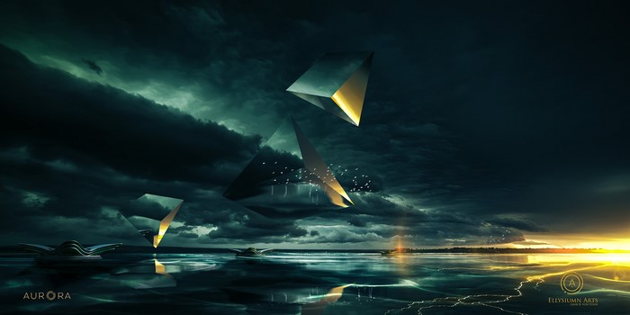 Abstract floating geometric shapes over a reflective body of water at sunset