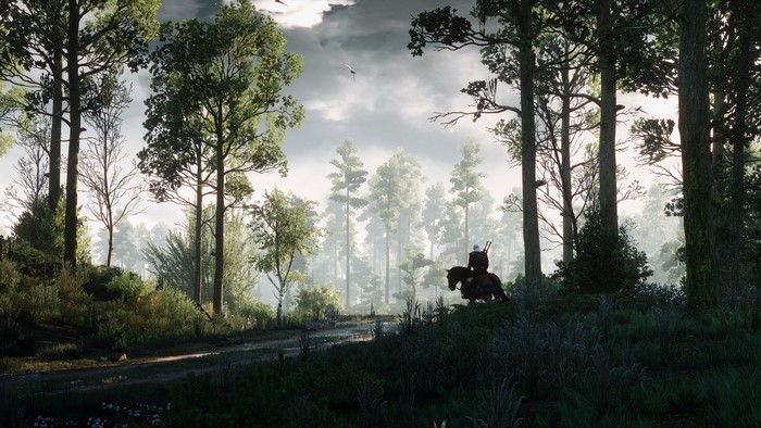 Geralt of Rivia from The Witcher 3: Wild Hunt on horseback in a forest