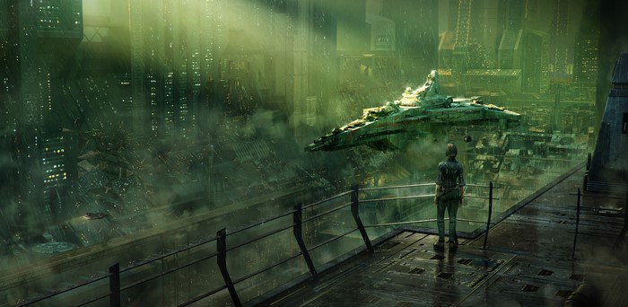Futuristic city with a spaceship and a person