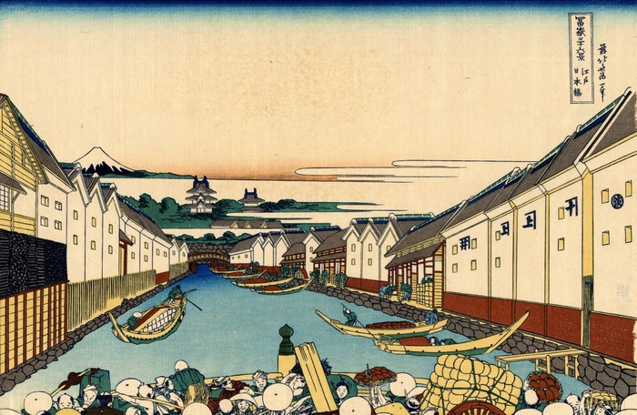 Ukiyo-e artwork of a Japanese canal scene with Mount Fuji