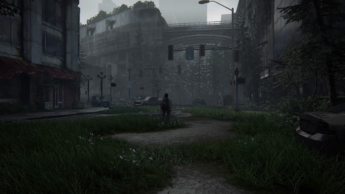 Ellie from The Last of Us Part II in a ruined city