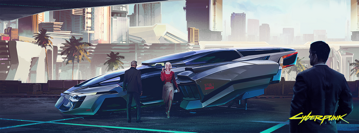 Cyberpunk 2077 concept art of a futuristic car and people