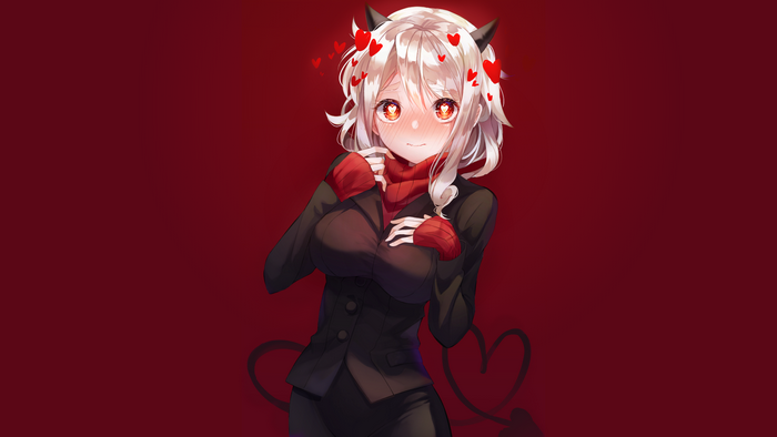 Demon girl with white hair and horns from Helltaker