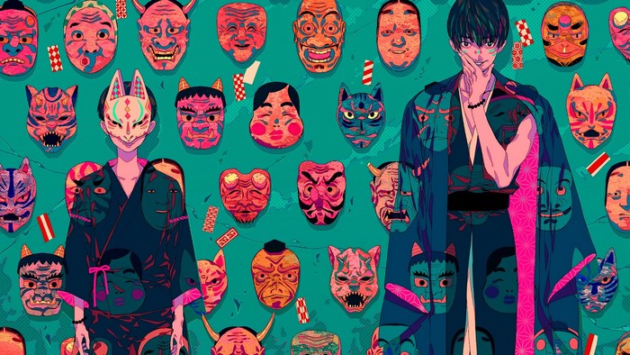 Anime characters with Japanese masks by Akiakane