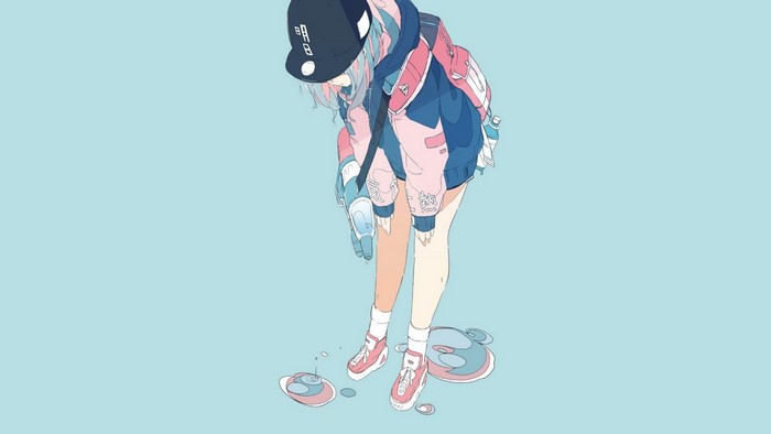 Anime girl with pink and blue hair wearing a cap and jacket