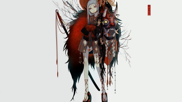 Anime girl with oni mask and red fur
