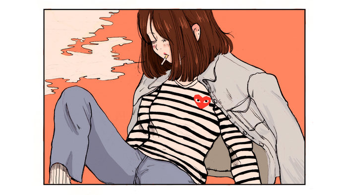 Anime girl smoking with red heart logo