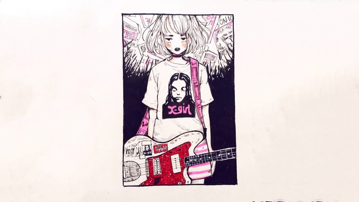 Anime girl with electric guitar and X-girl shirt