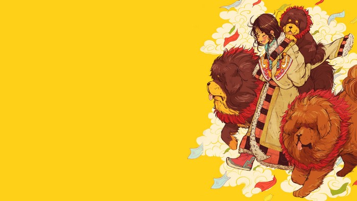 Anime girl with Tibetan Mastiffs on yellow background
