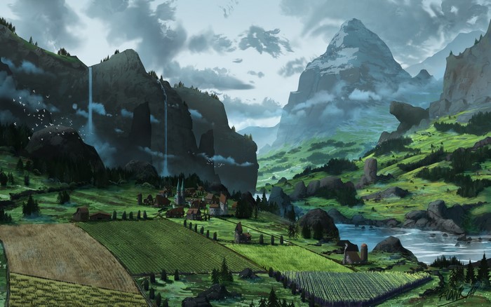 Fantasy Artwork of Mountain Village Landscape