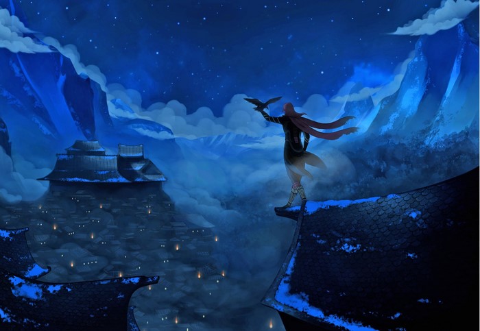 Aragami holding a raven on a rooftop at night